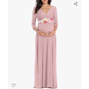 KIM S Maternity Maxi Dress with Flower Sash Wrapped Ruched V Neck Size Large